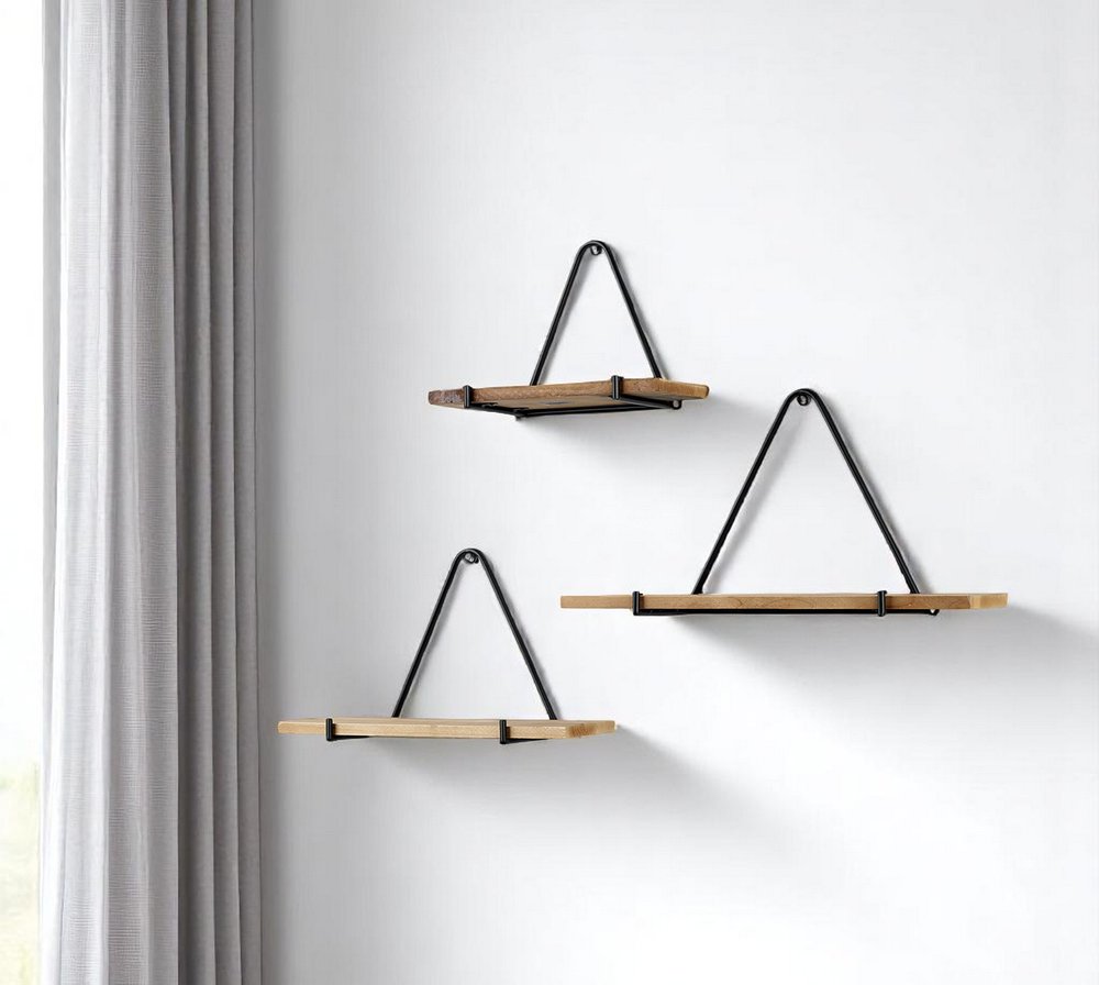Set Of Three Black And Brown Metal And Solid Wood Triangle Wall Mounted Accent Shelves