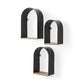 Set Of Three Black And Brown Metal And Solid Wood Arched Wall Mounted Accent Shelf