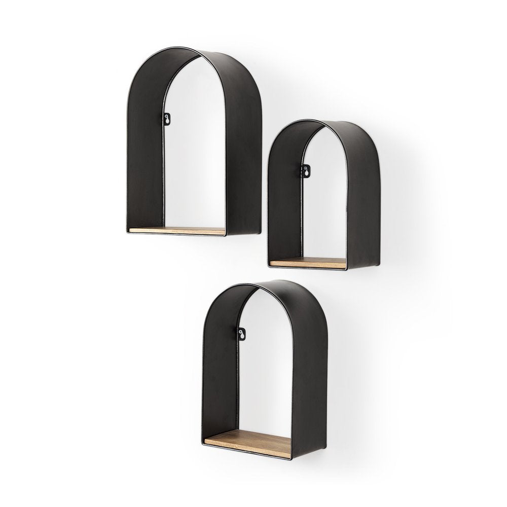 Set Of Three Black And Brown Metal And Solid Wood Arched Wall Mounted Accent Shelf