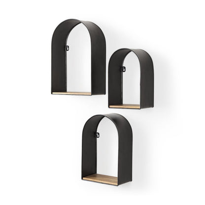 Set Of Three Black And Brown Metal And Solid Wood Arched Wall Mounted Accent Shelf