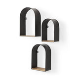 Set Of Three Black And Brown Metal And Solid Wood Arched Wall Mounted Accent Shelf