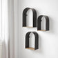 Set Of Three Black And Brown Metal And Solid Wood Arched Wall Mounted Accent Shelf