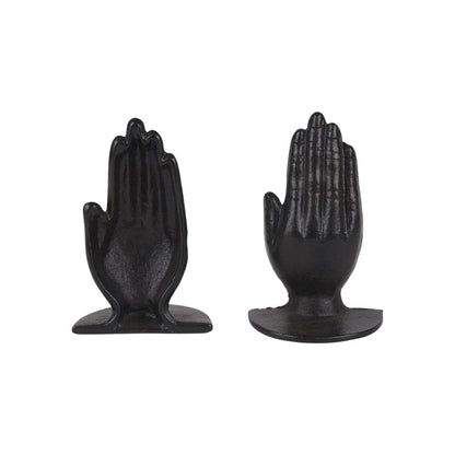 Set of Two Antiqued Bronze Cast Iron Praying Hands Decorative Bookends