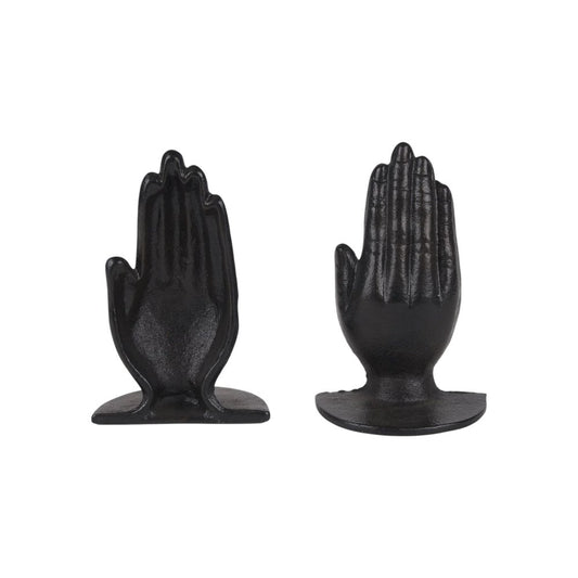 Set of Two Antiqued Bronze Cast Iron Praying Hands Decorative Bookends