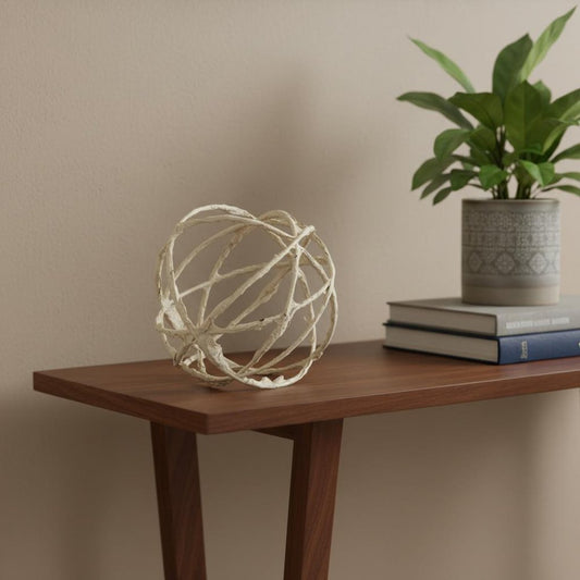 7" Beige Metal And Paper Orb Tabletop Sculpture