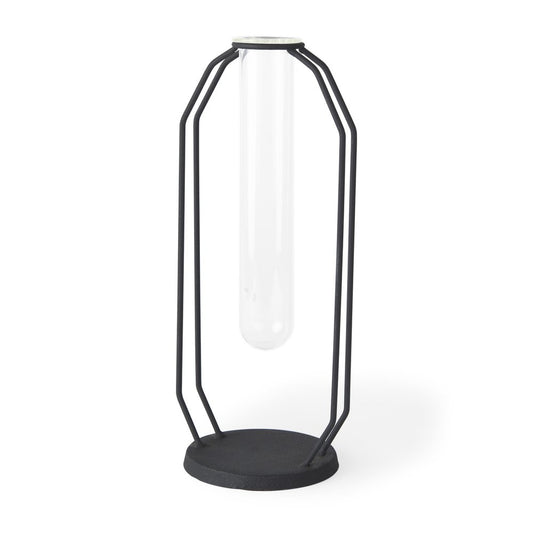 11" Black And Clear Glass And Metal Table Vase