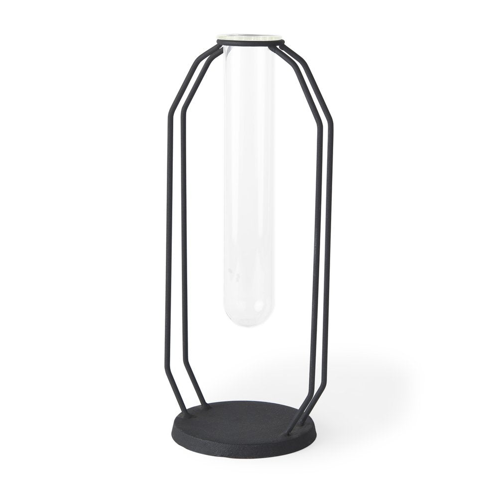 11" Black And Clear Glass And Metal Table Vase
