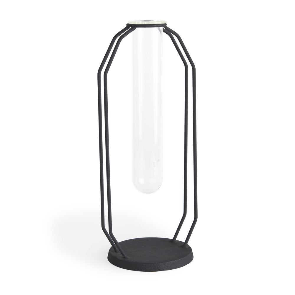 11" Black And Clear Glass And Metal Table Vase