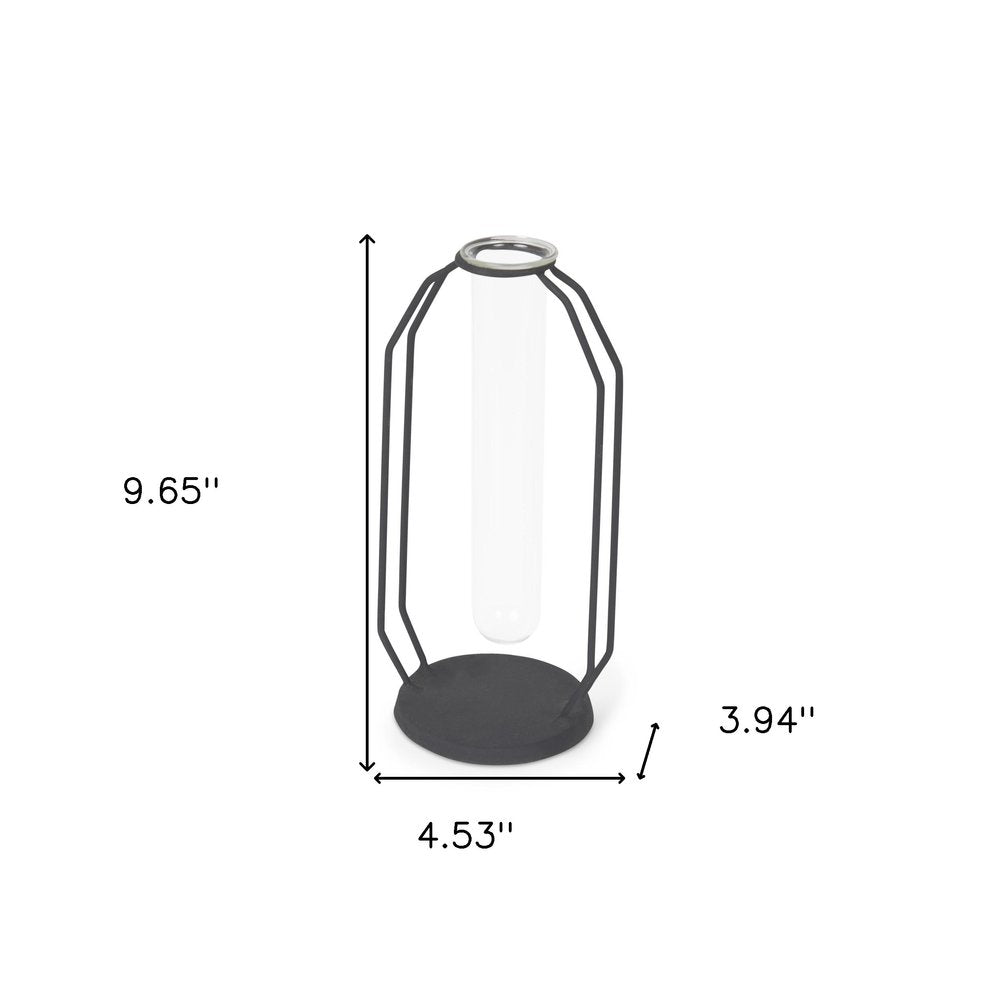 10" Black And Clear Glass And Metal Table Vase