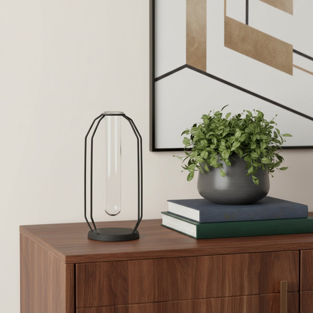 10" Black And Clear Glass And Metal Table Vase