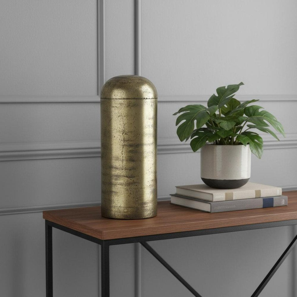 15" Antiqued Brass Cast Aluminum Cylindrical Tabletop Sculpture