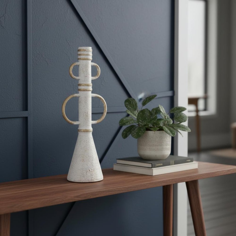 14" White And Beige Metal Tabletop Sculpture