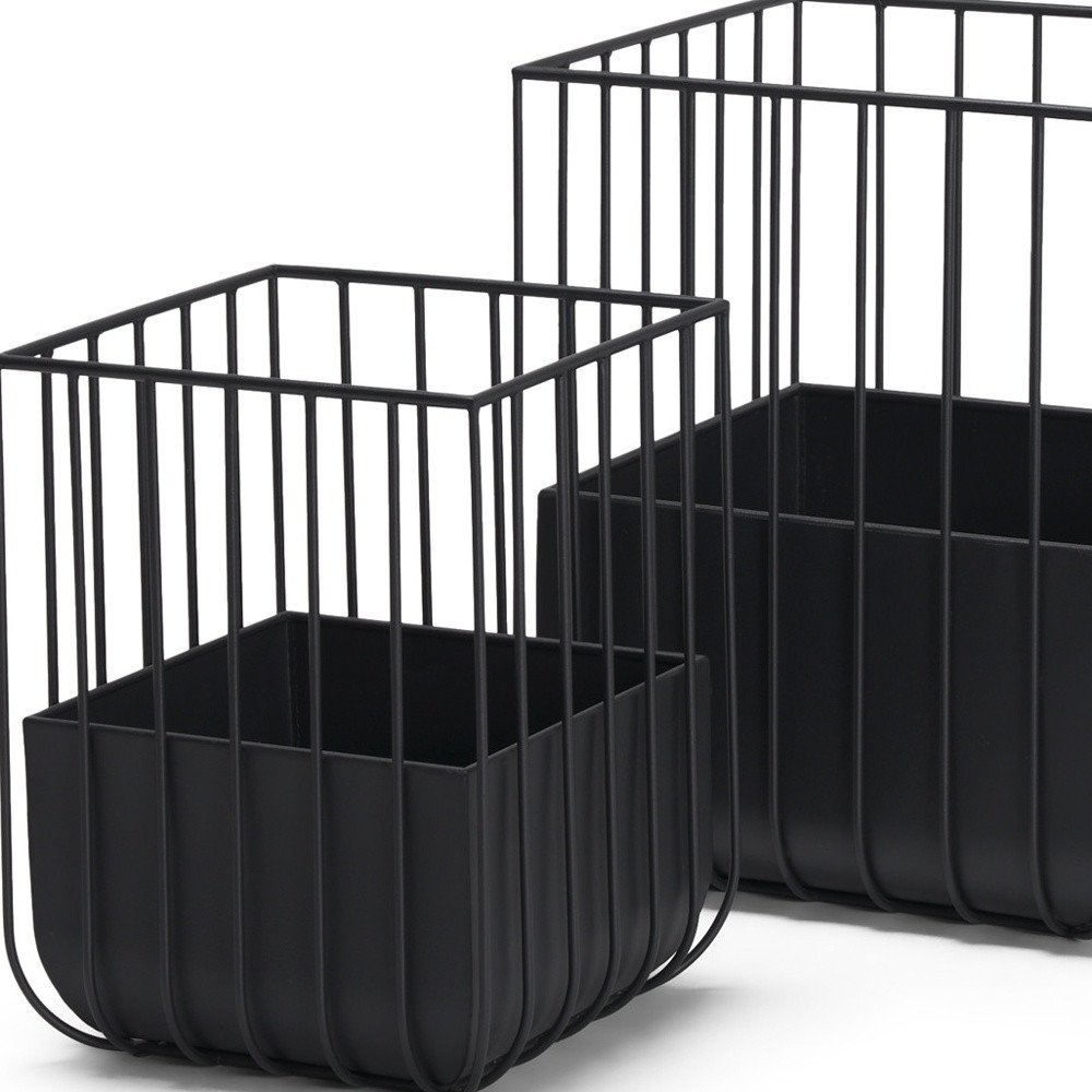 Set of Two Black Metal Wire Cage Square Pot Planters