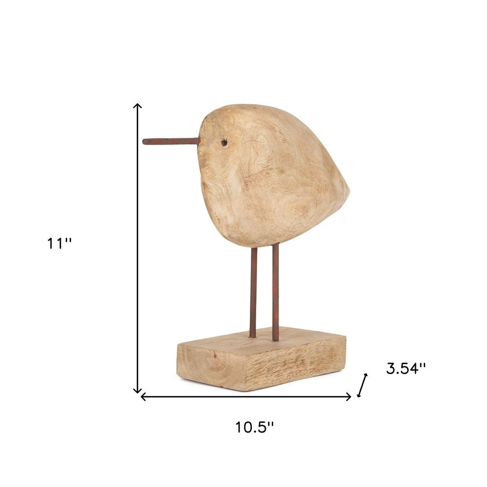 11" Brown Solid Wood And Iron Bird Abstract Tabletop Sculpture