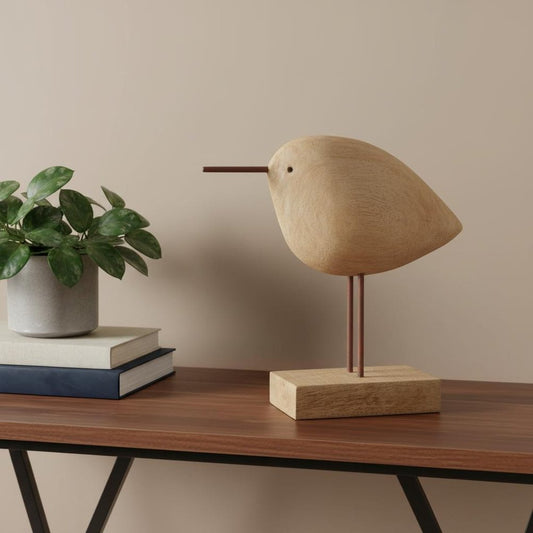 11" Brown Iron And Solid Wood Bird Abstract Tabletop Sculpture