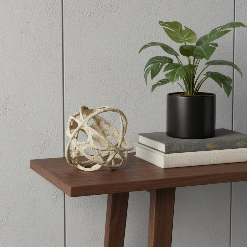 5" Beige Paper Mache And Metal Decorative Orb