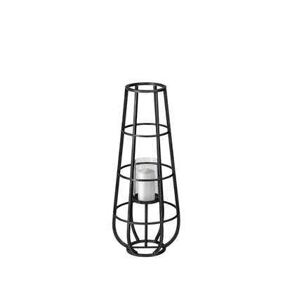 30" Black Distressed Geometric Metal And Glass Lantern Candle Holder