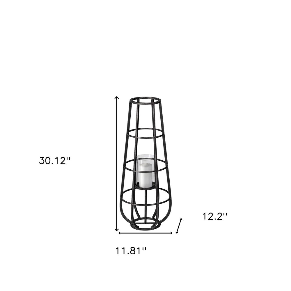 30" Black Distressed Geometric Metal And Glass Lantern Candle Holder