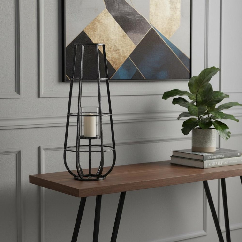 30" Black Distressed Geometric Metal And Glass Lantern Candle Holder