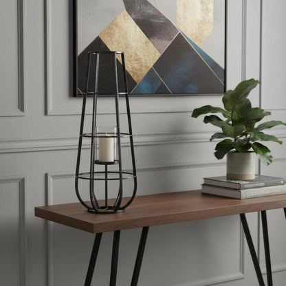 30" Black Distressed Geometric Metal And Glass Lantern Candle Holder
