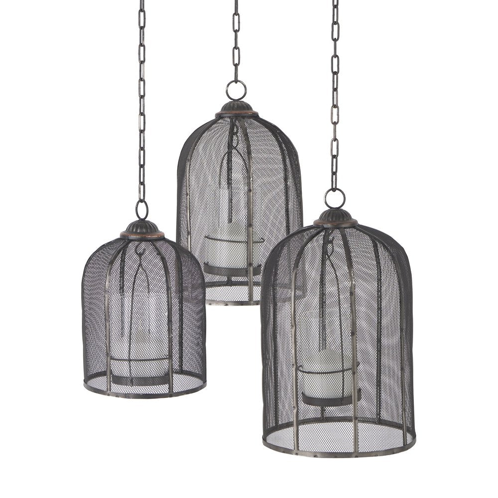 Set of Three Black Distressed Geometric Metal Lantern Candle Holders