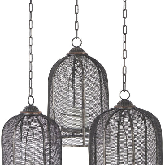 Set of Three Black Distressed Geometric Metal Lantern Candle Holders