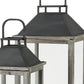 Set of Two Black Distressed Geometric Metal And Solid Wood Tabletop Lantern Candle Holders