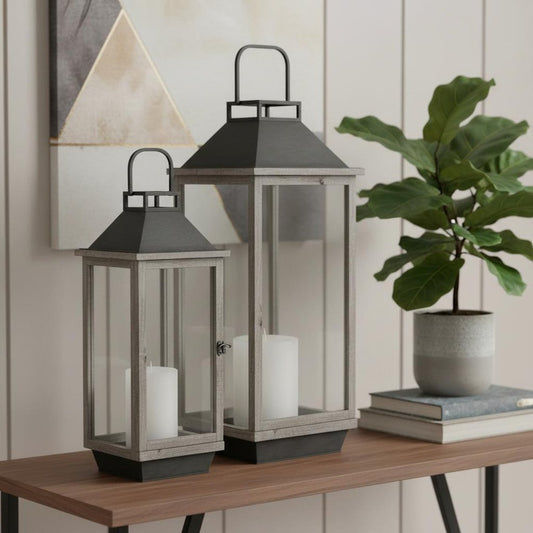 Set of Two Black Distressed Geometric Metal And Solid Wood Tabletop Lantern Candle Holders