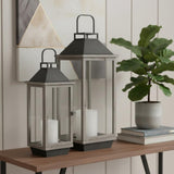 Set of Two Black Distressed Geometric Metal And Solid Wood Tabletop Lantern Candle Holders