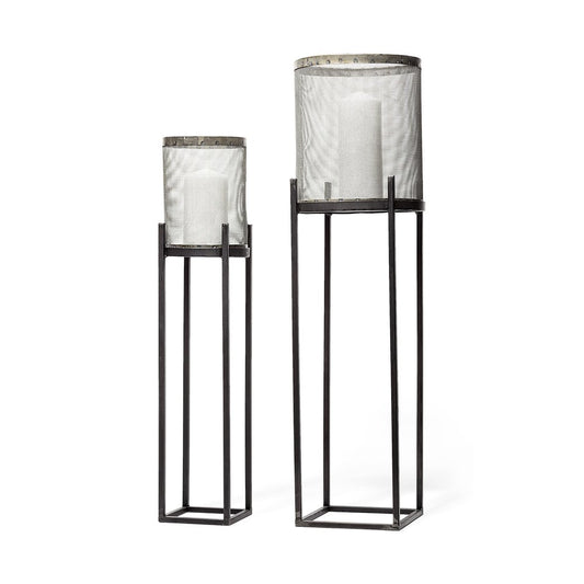 Set of Two Black Distressed Geometric Metal Lantern Candle Holders
