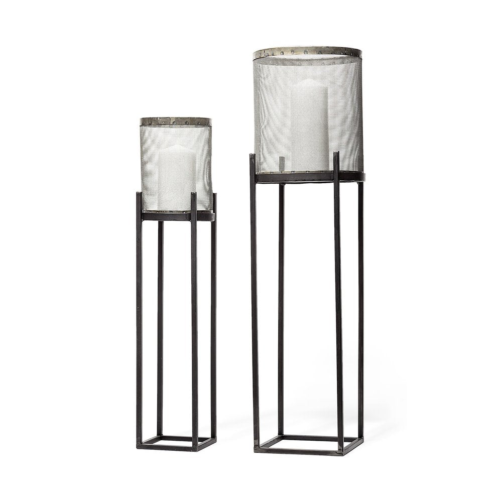 Set of Two Black Distressed Geometric Metal Lantern Candle Holders