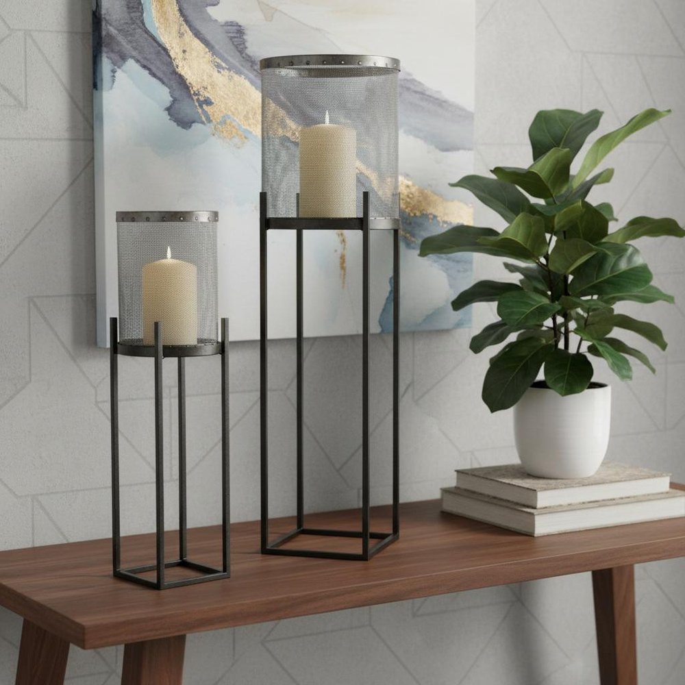 Set of Two Black Distressed Geometric Metal Lantern Candle Holders