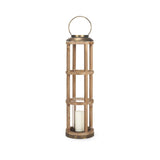 35" Natural And Brass Distressed Geometric Solid Wood And Metal Tabletop Lantern Candle Holder