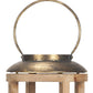 35" Natural And Brass Distressed Geometric Solid Wood And Metal Tabletop Lantern Candle Holder