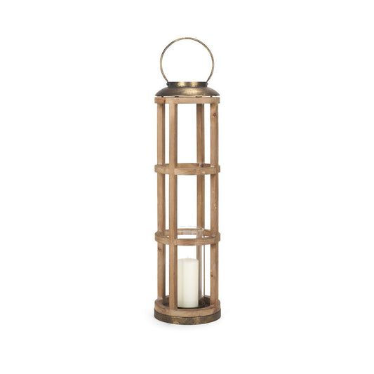 35" Natural And Brass Distressed Geometric Solid Wood And Metal Tabletop Lantern Candle Holder