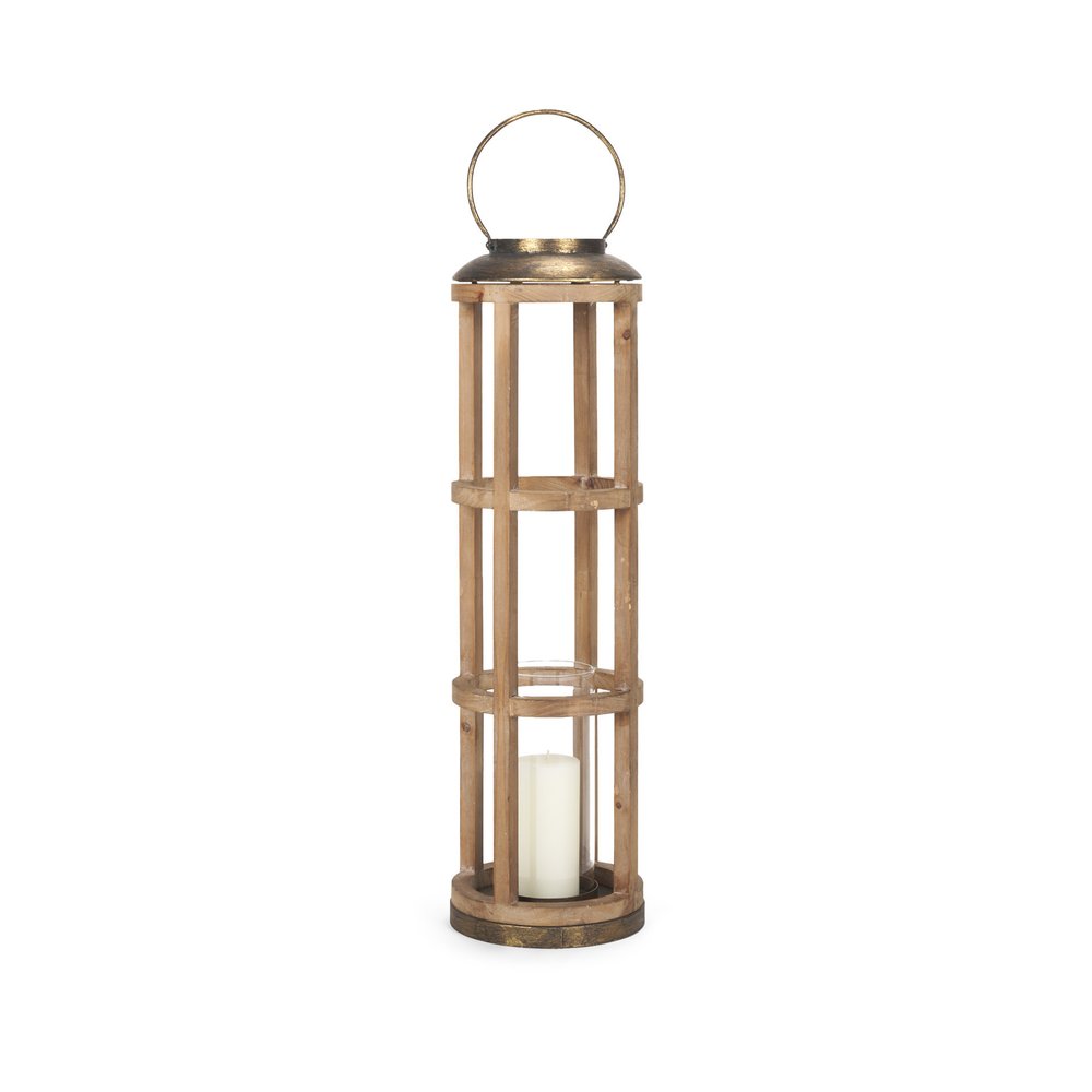 35" Natural And Brass Distressed Geometric Solid Wood And Metal Tabletop Lantern Candle Holder