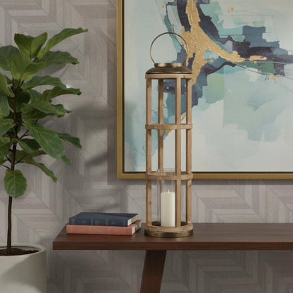35" Natural And Brass Distressed Geometric Solid Wood And Metal Tabletop Lantern Candle Holder