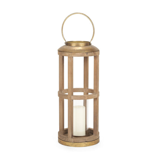 26" Natural And Bronze Distressed Geometric Solid Wood And Metal Tabletop Lantern Candle Holder
