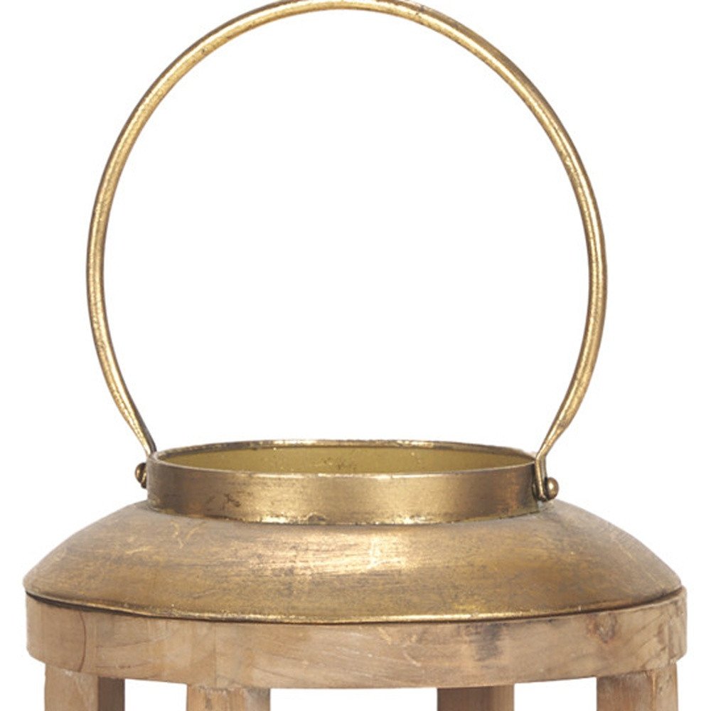 26" Natural And Bronze Distressed Geometric Solid Wood And Metal Tabletop Lantern Candle Holder