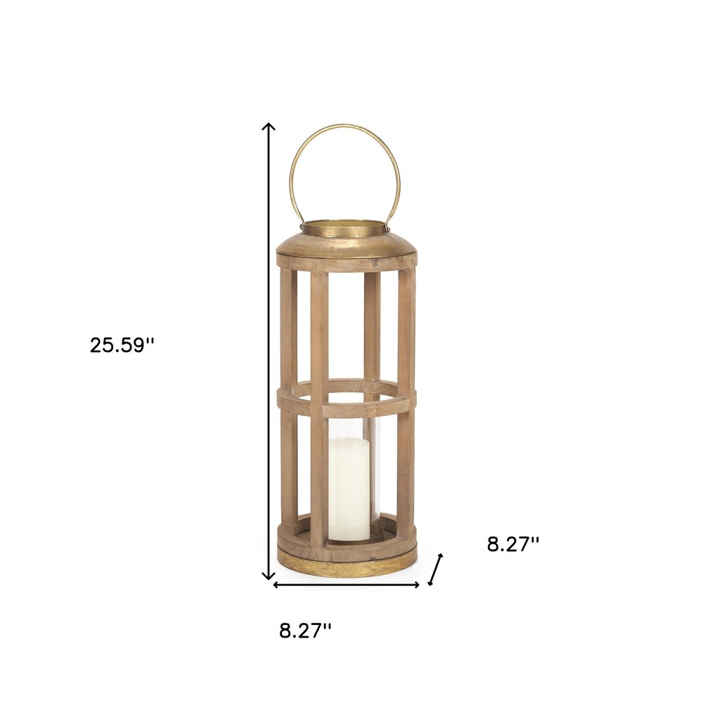 26" Natural And Bronze Distressed Geometric Solid Wood And Metal Tabletop Lantern Candle Holder