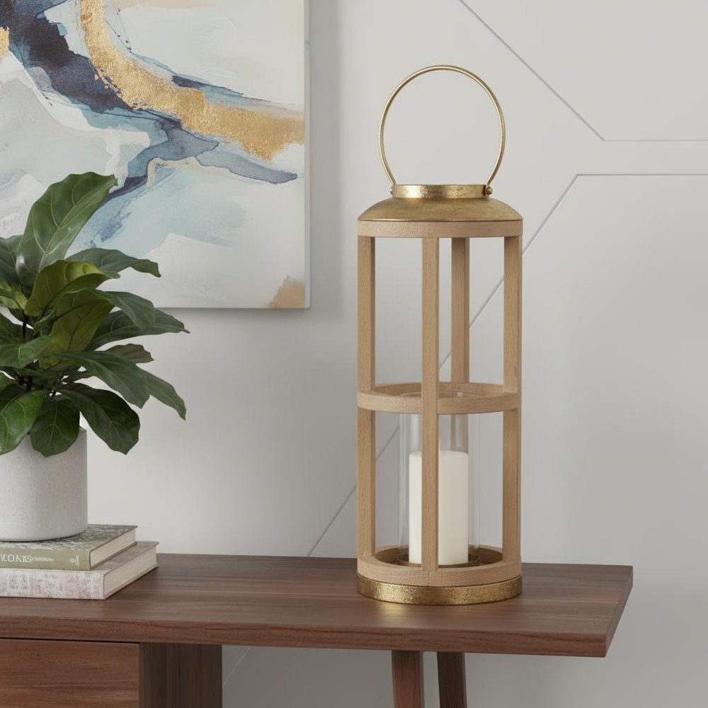 26" Natural And Bronze Distressed Geometric Solid Wood And Metal Tabletop Lantern Candle Holder