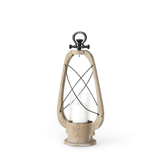 21" Brown And Black Distressed Abstract Solid Wood Metal And Glass Tabletop Lantern Candle Holder