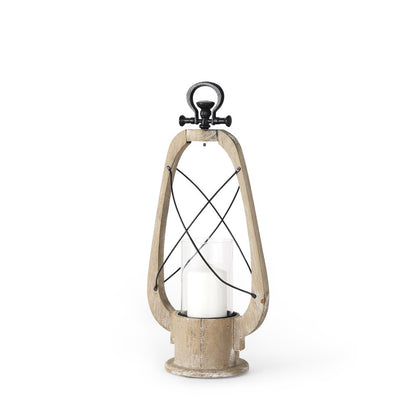 21" Brown And Black Distressed Abstract Solid Wood Metal And Glass Tabletop Lantern Candle Holder