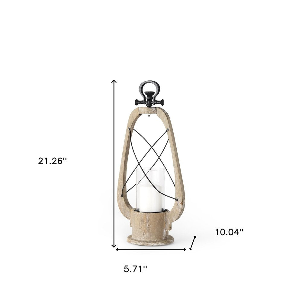 21" Brown And Black Distressed Abstract Solid Wood Metal And Glass Tabletop Lantern Candle Holder