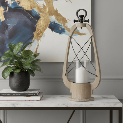 21" Brown And Black Distressed Abstract Solid Wood Metal And Glass Tabletop Lantern Candle Holder