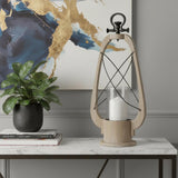 21" Brown And Black Distressed Abstract Solid Wood Metal And Glass Tabletop Lantern Candle Holder