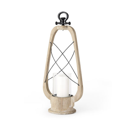 25" Brown Distressed Abstract Solid Wood And Metal Tabletop Lantern Candle Holder