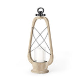 25" Brown Distressed Abstract Solid Wood And Metal Tabletop Lantern Candle Holder