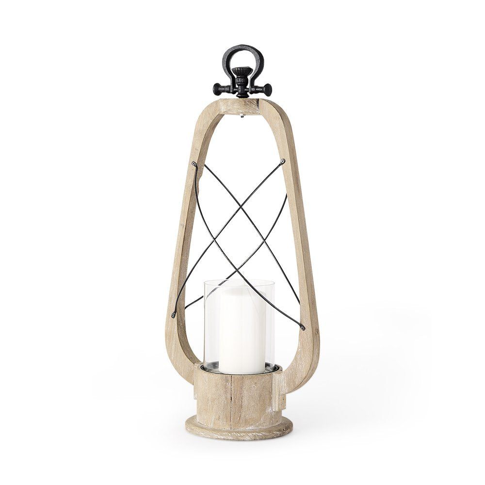 25" Brown Distressed Abstract Solid Wood And Metal Tabletop Lantern Candle Holder