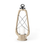25" Brown Distressed Abstract Solid Wood And Metal Tabletop Lantern Candle Holder